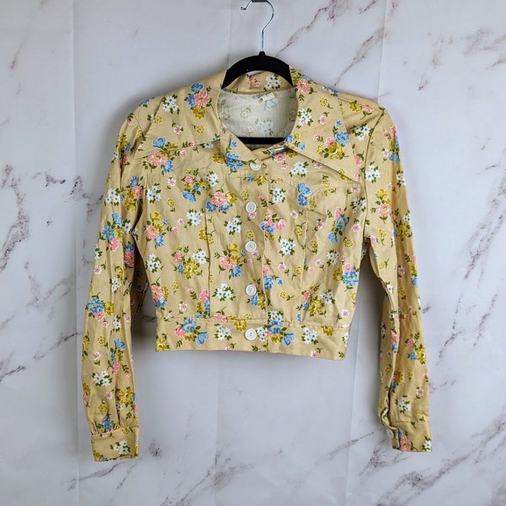 Vintage 70s Cropped Tan Floral Pink Blue Dagger Collar Jacket ILGWU Size Small